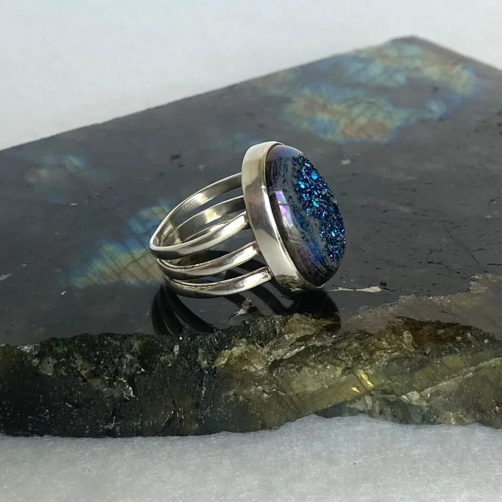 Sterling Silver 925 India Oval Blue Titanium Druzy Triple Band Ring Sz 7